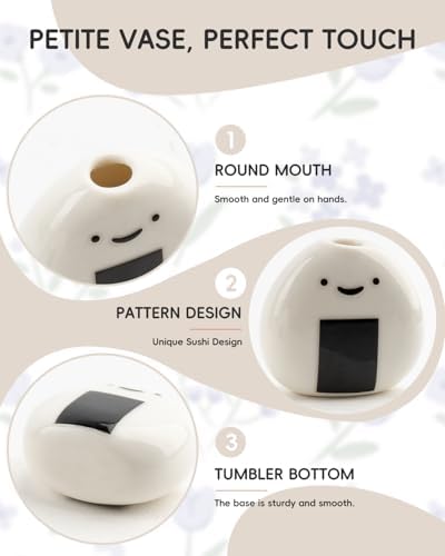 6 PCS Cute Handmade Ceramic Mini Vases - Japanese Onigiri Rice Ball Design for Dried Flowers and Small Stems, Adorable Mini Table Decor, Unique Japanese Craft Gift