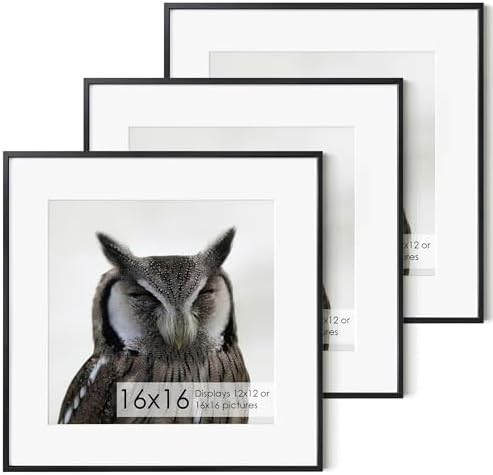 Fun Memories 16x16 Metal Picture Frame with 12x12 Mat, Brushed Aluminum Finish, Tempered Glass Front, and Attached Hanging Hardware - Wall Display Frames for Vertical or Horizontal Set of 3 - Black