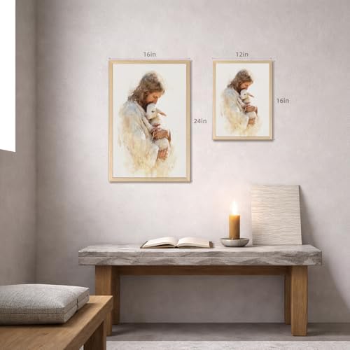 EisEver Jesus Holding Lamb Wall Art, Christian Good Shepherd Religious Decor, Inspirational Jesus and Lamb Canvas Print, Biblical Faith Artwork for Bedroom Prayer Room Church Wood Framed 16x24 Inch