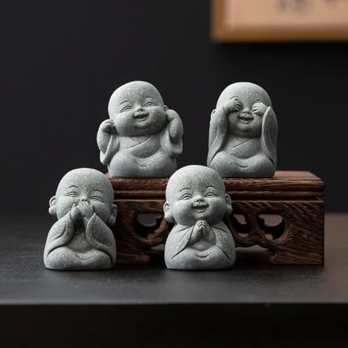 UTTCMK Laughing Buddha Statue Decor - 4Pcs Small Zen Monk Sandstone Buddha Sculpture for Wealth Good Luck Feng Shui Decor, Cute Zen Decoration for Home Office Desk Indoor and Outdoor(Gray)