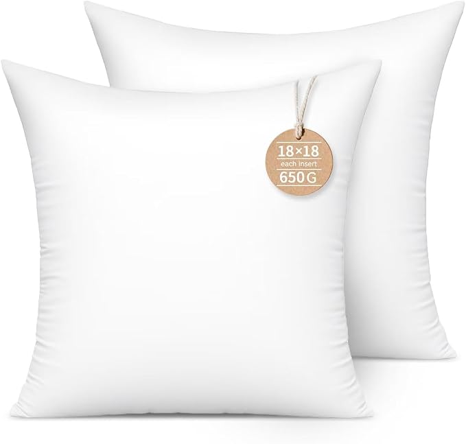 18x18 Throw Pillow Inserts 2-Pack for Sofa, Polyester Fill | 100% virgin fiber; Soft and fluffy; Maintains fullness; Low allergen; Machine washable; For accent chairs and bed