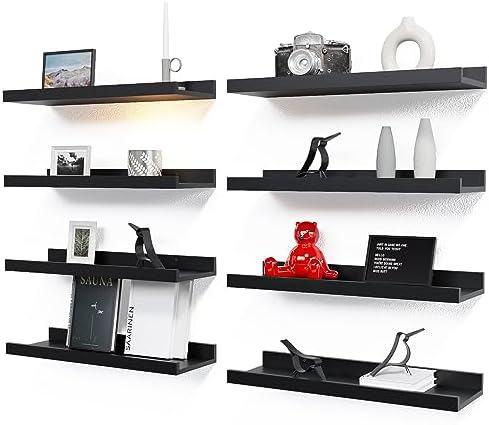 RICHER HOUSE 8-Set Floating Shelves with Lip, Black Wall Mounted Wood Shelf