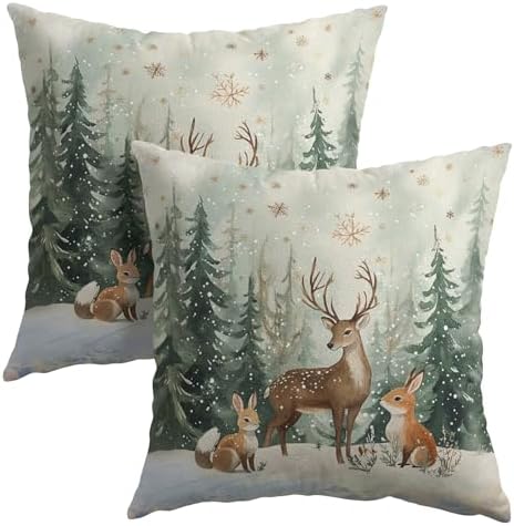 Xmas Reindeer Throw Pillow Cover 22x22 Inch Set of 2 Winter Trees Snowflake Holiday Animals Pillowcase Christma Deer Farmhouse Cushion Case for Home Sofa Couch Decor