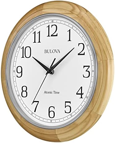 Bulova C5005 Wooden Atomic Analog Wall Clock | Automatically Sets Time | Large Roman Numerals | Battery Operated | Traditional Design