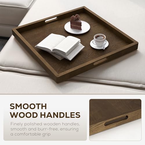 Axeman 20 Inch Large Square Wooden Ottoman Tray for Living Room|Extra Large Serving Tray with Handles for Coffee Table, Breakfast|Decorative Wood Tray for Ottoman Couch Sofa Kitchen|Walnut