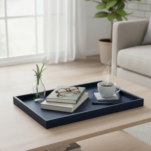 25 * 15 Inch Rectangular Ottoman Tray | Textured PU Leather, Waterproof & Heat-Resistant Storage for Coffee/Dining Tables, Sofa, Bed, Entertainment & Party (Navy Blue, 25 * 15in)