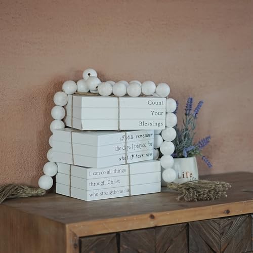 Extra Large Wood Bead Garland with 1.4" Diameter Wood Beads, Wooden Beads Garland with Tassels, Decorative Beads Home Decor, Farmhouse Beads Decor (Rustic White, 58 Inches)