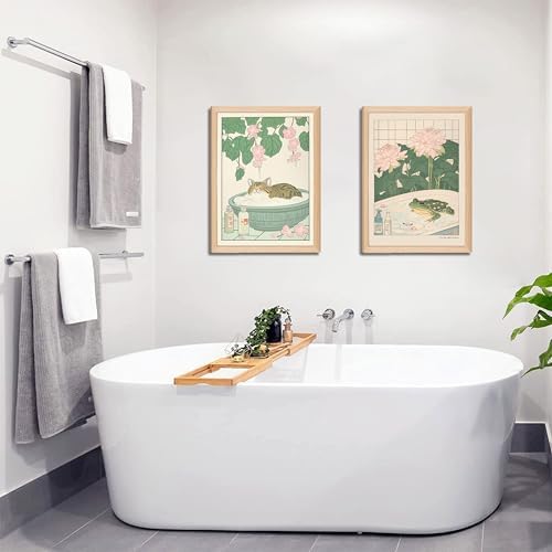 Japanese Cats Frogs Bathroom Wall Art Anime Cute Funny Canvas Print Decor | Set of 2 Wooden Frame Cute Green Kitten in Bathtub Painting Minimalist Zen Picture Wall Decor for Bathroom Kids Room12x16In