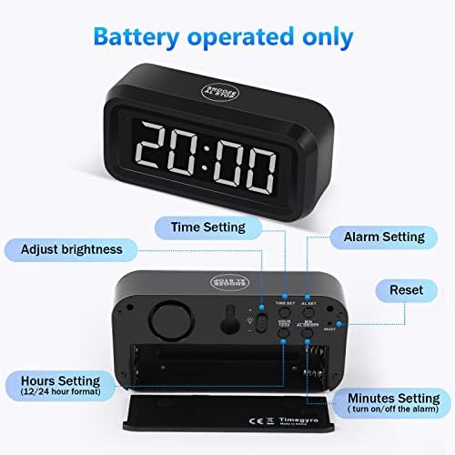 Digital Alarm Clock Battery Operated with LED Display for Bedrooms, Long Battery Life for 12 Months, 3 Brightness Adjustable, 12/24 Hour, Snooze, Black Case with White Digits