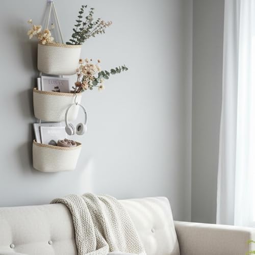 TeoKJ Over the Door Hanging Basket, 3-Tier Woven Cotton Wall-Mounted Storage Organizer Bag Decorative Hanging Nursery Baskets, White & Light Brown