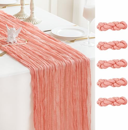 Sioloc 5 Pack Peach Coral Cheesecloth Table Runner 120'' x 35'',Spring Easter Decor Soft Gauze Boho Wedding Table Decor for 10ft Table Birthday Party,Baby Shower, Bridal Shower, Home & Event Decor