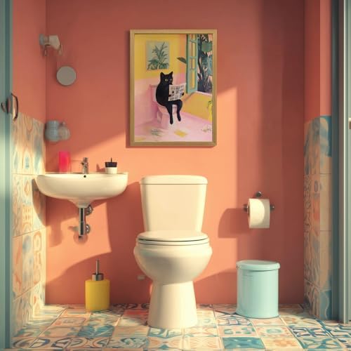 Cyebmo Funny Bathroom Wall Art, Cute Black Cat Sitting on Toilet Reading Newspaper Wall Decor, Whimsical Pink Abstract Animal Canvas Artwork for Bathroom Kid's Restroom Bedroom Wood Framed 16x24 Inch