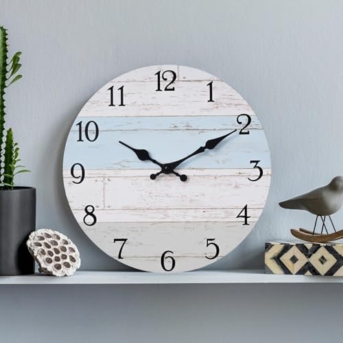 KECYET Wall Clock 14 Inch Silent Non-Ticking Coastal Beach Style Wall Clocks Battery Operated Rustic Retro Decorative for Kitchen, Bathroom, Living Room, Laundry Room(Azure Blue)