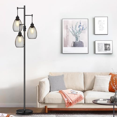 Torondo 70" Dimmable Floor Lamp with Marble Base, 3 x 800LM LED Edison Bulbs Included, Industrial Black Floor Lamps for Living Room, Rustic Tall Lamps Standing Lamp for Bedrooms Living Room