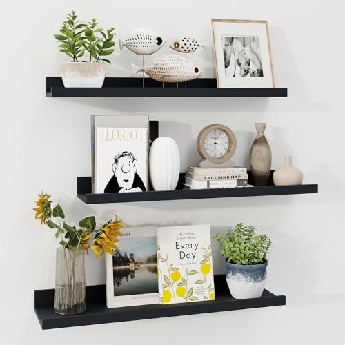 Axeman Picture Ledge Shelf, 24 Inch Black Floating Shelves Set of 3
