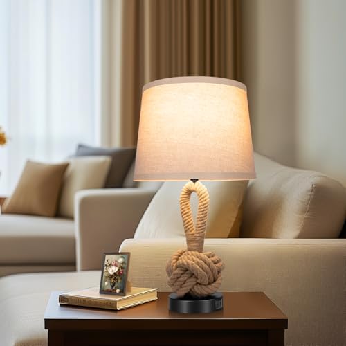 22" Rope Lamps for Night Stands, Bedside Lamps Set of 2, Boho Table Lamps for Living Room End Tables, 3-Color Temperatures Boho Lamp with Rotary Switch, Rattan Lamp with USB Ports, Bulbs Included