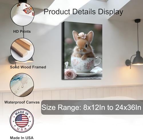 Large Bunny in a Teacup Easter Framed Canvas Wall Art, Rabbit Pictures Prints for Kitchen, Bright Spring Canvas Art & Holiday Home Office Wall Decoration, Ready to Hang, 20x30