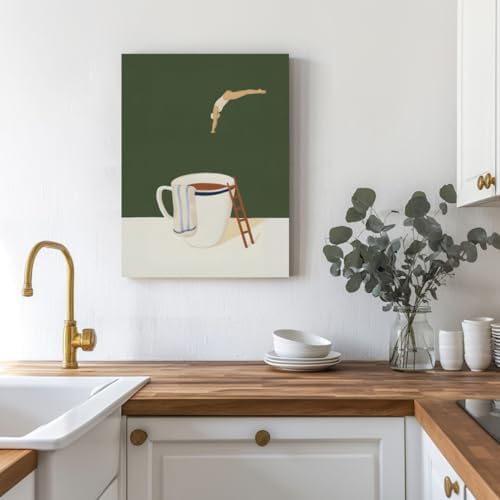 Cyebmo Modern Coffee Wall Art, Funny Diver Wall Decor, Vintage Kitchen Wall Decor, Minimalist Cafe Wrapped Canvas Painting, Green Abstract Espresso Artwork for Kitchen Cafe Coffee Bar 12x16 Inch