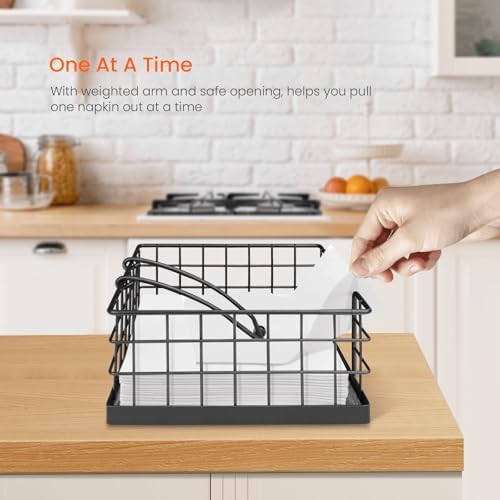 Homode Farmhouse Napkin Holder, Wooden Napkin Holders for Paper Napkins, Square Kitchen Napkin Dispenser for Tables, Flat Napkin Basket with Weighted Arm, Rustic Gray