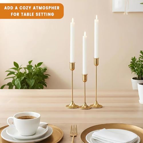 EAST FLAME Brass Gold Candle Holder - 3 PCS Taper Candlestick Holders - Vintage Candle Stick Holders - Modern Home Decor Centerpiece - Cozy Atmosphere Gift for Home Decor, Wedding, Housewarming Gift