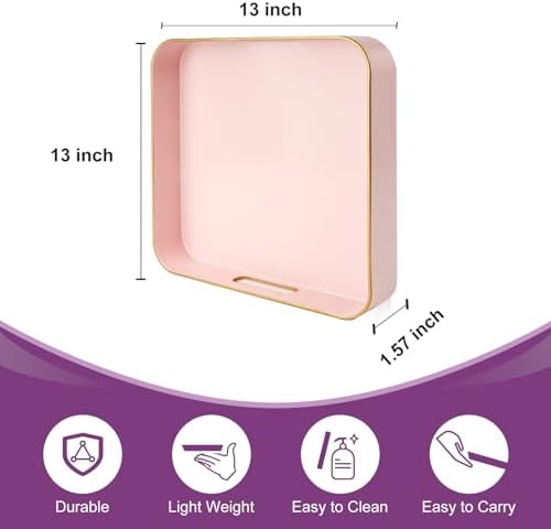 Gifturbo Pink Square Decorative Tray,Serving Tray with Handles with Gold Trimming Plastic Coffee Table Tray for Ottoman, Living Room, Home Decor,Bathroom with Gold Trimming, 13” x 13” x1.57”