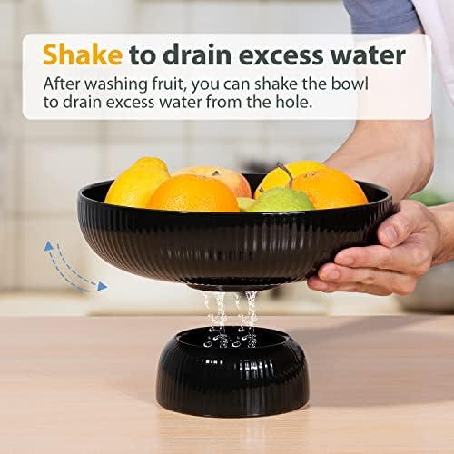 Ceramic Fruit Bowl for Kitchen Counter, Large Fruit Basket with Hole, Black