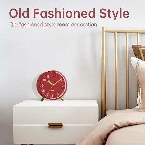 JALL Analog Alarm Clock, 4 inch Super Silent Non Ticking Small Clock with Night Light, Battery Operated, Simple Design, Easy Setting for Office, Bedroom, Bedside, Desk, Teens, Elders, Adult, Red