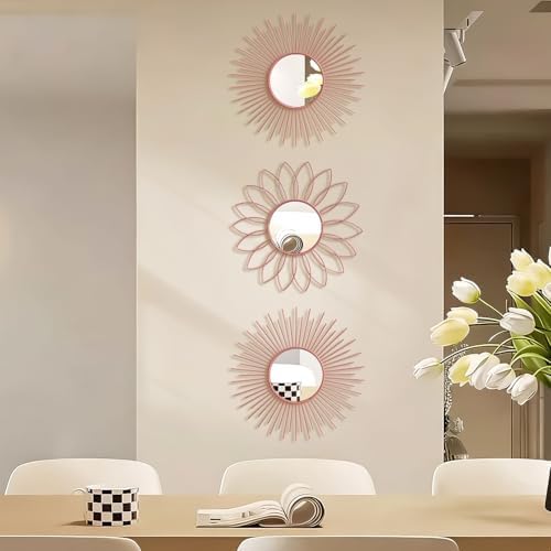 3 Pack Metal Mirrors for Wall Sunburst Wall Mirrors Home Décor Decorative Hanging Wall Art for Living Room Bedroom Entryway (Pink, Flower+Sunburst)