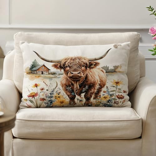 Highland Cow Decorative Throw Pillow Covers with Wildflowers 12x20 Inch Farmhouse Rustic Cushion Cover Western Cows Lumbar Pillowcase 2Pack for Couch Sofa (Beige)