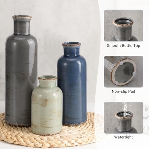 Small Ceramic Vase Set of 3, Boho Modern Flower Vase Room Decor, Farmhouse Decor, Vases for Your Kitchen, Bathroom, Bedroom, Living Room, Office&Shelf Centerpiece Table Decorations