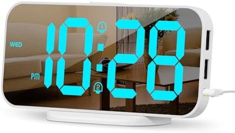 ALANAS Slim Digital Alarm Clock, Big Mirror Display with Dual USB Charger Ports, Dual Alarms, Snooze, 4-Level Adjustable Dimmer, for Bedroom, Office, Desk, Dorm, College Students, Home (Blue)