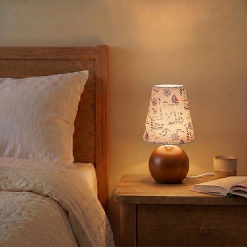 Vintage Wooden Night Lamp, Wood Base Fabric Lampshade, Adjustable Light Color and Brightness with Power-Off Memory, Safe USB Powered, Retro LED Table Light for Bedroom Living Room Office (Voyage)