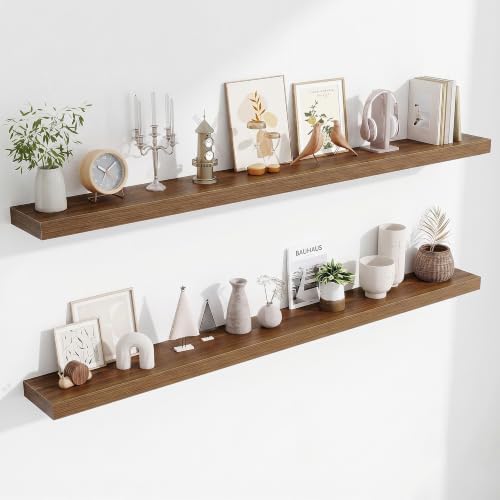 Fun Memories 67 Inch Fireplace Mantel Set of 2, Long Floating Shelf for Bedroom|Living Room, Wall Mounted Farmhouse Display with Invisible Heavy Duty Metal Bracket, Walnut