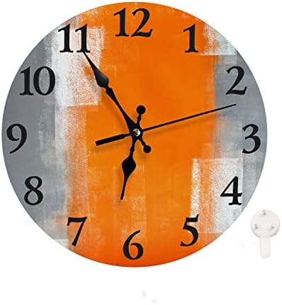 LOKMU Silent Non Ticking Clock 10 Inch,Round Wall Clock,Decorative for Living Room, Kitchen, Home,Bathroom, Bedroom, Office or School Grey and Orange Abstract Art Painting (Grey and Orange)