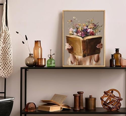 ONSKMDANT Framed Vintage Floral Reading Woman Canvas Wall Art 12x16 Inch | Floral Literary Theme, Vintage Preppy Aesthetic, Perfect For Library, Living Room, Bedroom, Ready To Hang