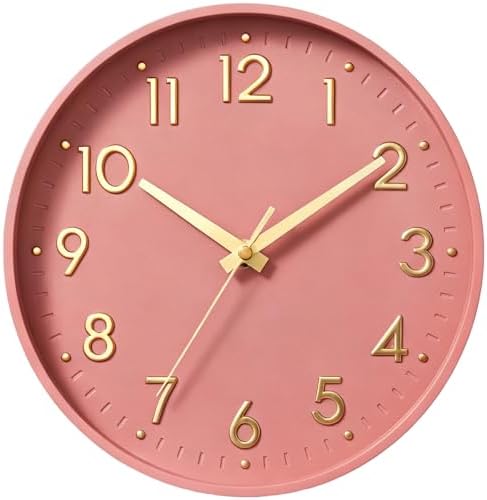 Mosewa 12 Inch Wall Clock Battery Operated Silent Non Ticking Analog | Pink Gold modern clock; oversized 3D easy-read dial for kitchen, bedroom & office; 1 AA battery (not included)