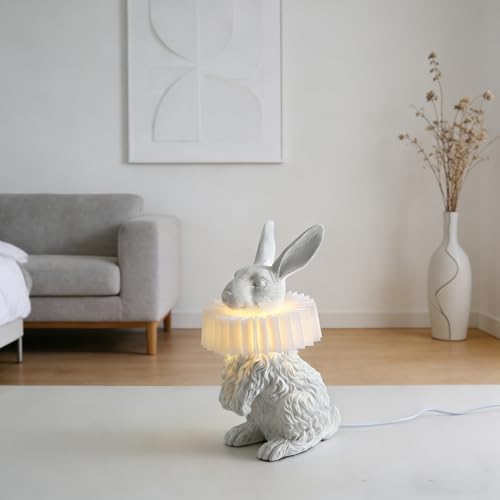 Cute Scarf Bunny Table Lamp, Resin Rabbit Nightstand Lamp with White Pleated PC Lampshade, USB Plug Energy Efficient LED Night Light, Kids Bedside Lamp for Bedroom Nursery Room Decor