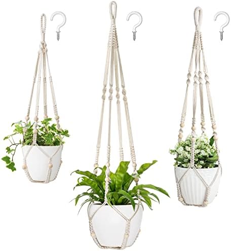 Mkono 3 Pack Macrame Plant Hangers Hanging Planters for Indoor Plants Ivory