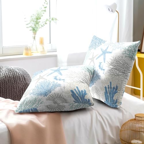 Coastal Nautical Throw Pillow Cover 20x20 inch Set of 2 Beach Themed Sea Coral Nautical Blue Pillowcases Ocean Summer Cotton Cushion Covers for Bed Sofa Room Decor