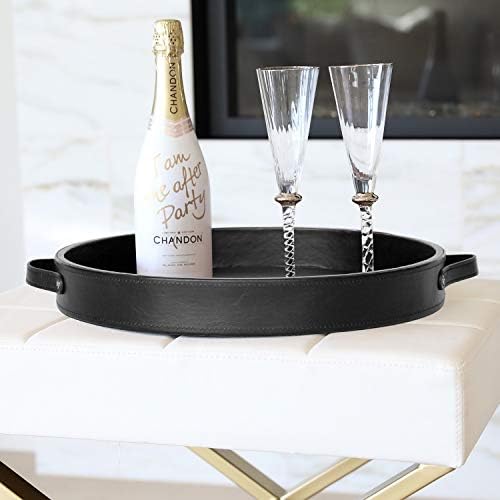 HofferRuffer PU Leather Round Serving Tray with Handles, Decorative Catchall Vanity Coffee Tray, Faux Leather Ottoman Tray for Home Or Office, Diameter 14.6-inch (Black)
