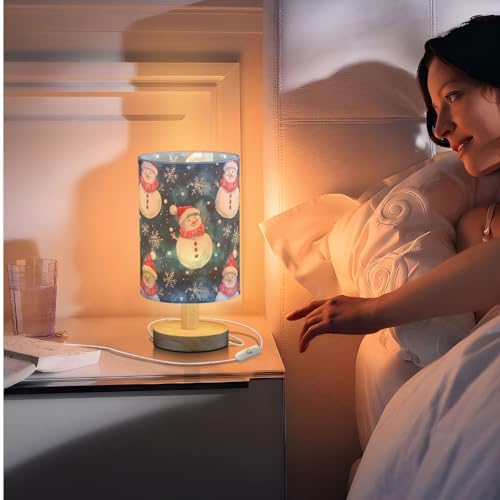 Winter Snowflake and Snowman Navy Blue and White Bedside Table Lamps with USB Port for Bedroom Lamp Accent Table Lamp Small Nightstand Lamp Linen Shade Wood Decorative Lamps for Home|Kids|Holiday