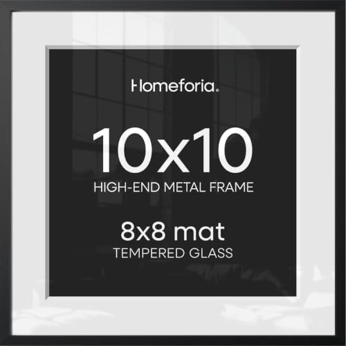 Homeforia 10x10 Black Picture Frame, High-End Metal, 8x8 Mat, Glass