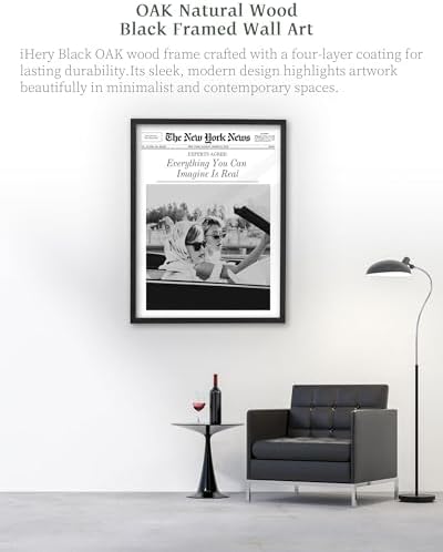 iHery 12x16in Everything You Can Imagine Is Real Framed Newspaper Art | Premium Black Natural OAK Wood Frame with Canvas Print, Vintage Girls Decor for Bedroom, Living Room, Dorm 1Pack