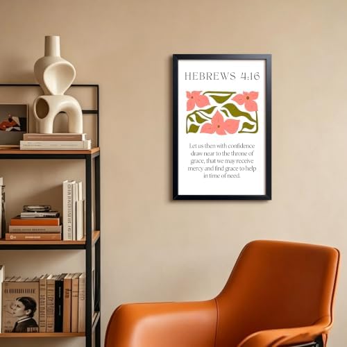 Framed Hebrews 4:16 Bible Verse Wall Art, Christian Floral Canvas Wall Decor Painting, Boho Religious Inspirational Scripture Print Poster Picture for Living Room Bedroom Prayer Room Home Decor 16x24 Inch