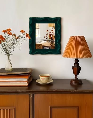 Emerald Green Wavy Vanity Mirror for Living Room Hallway Wall Decor | 14x12",Soft Velvet-like Touch,Accent Mirror for Bathroom Dining Room Hotel Coffee Book Shop,Aesthetic Room Stylers