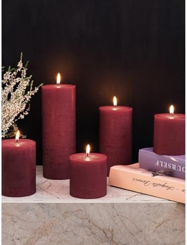 CANDWAX 3x4 inch Pillar Candles Set of 3 – Unscented Dripless Rustic Burgundy Candles for Weddings, Decor, Centerpieces