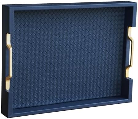 HofferRuffer Faux Leather Rectangle Serving Tray Decor Platter with Gold Metal Handles for Coffee Table, Breakfast, Tea, Food, Countertop, Kitchen, Butler Tray, 16.2 x 12.2 x 2 inches (Navy Blue)