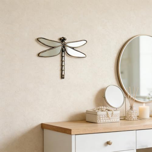 Decorative Dragonfly Wall Mirror, Plastic Frame with Mirrored Wings (12.4 x 9.3 inches) (Bronze)