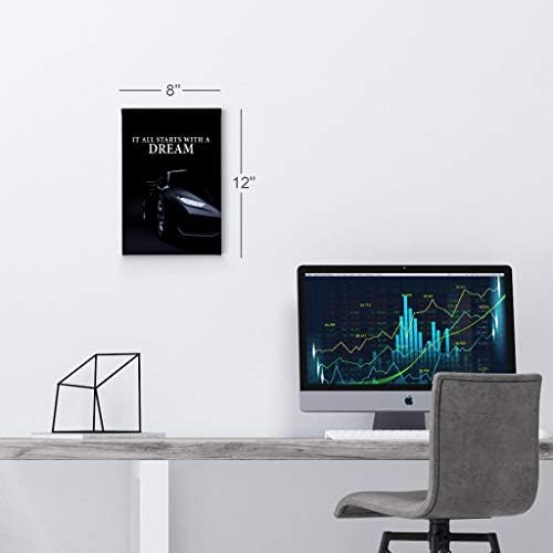 Smile Art Design It All Starts with a Dream Black Sports Car Luxury Motivational Wall Art Canvas Print Inspirational Wall Art Entrepreneur Quote Office Living Room Decor Gift Ready to Hang 22x15