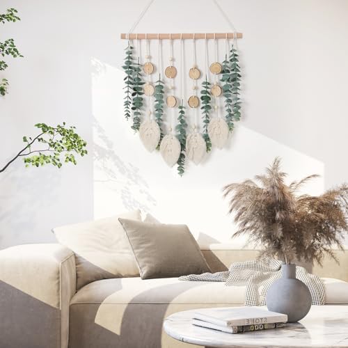 Artificial Eucalyptus Wall Hanging Faux Greenery Decor with Macrame Leaves